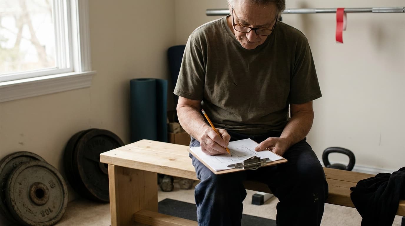An adult recording the work and reviewing a plan between sets