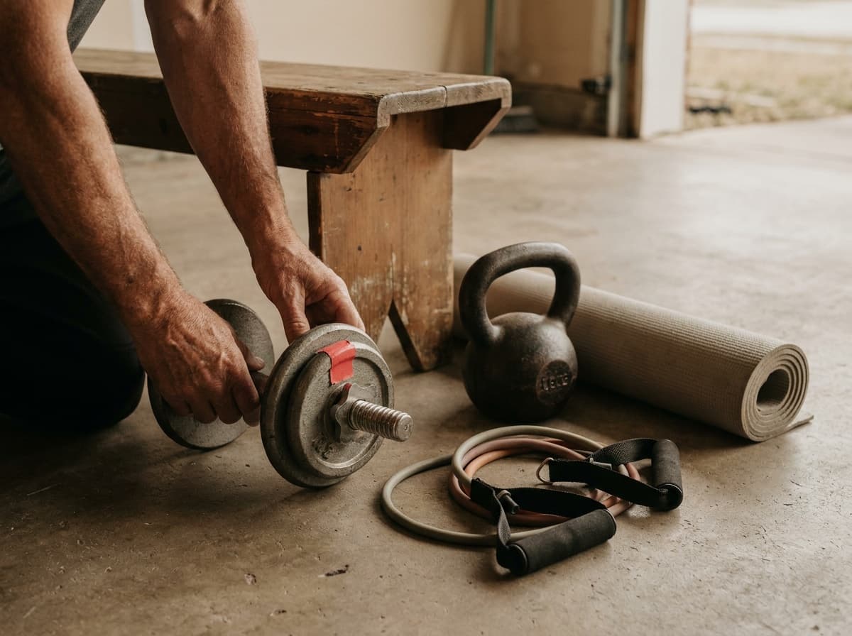 Training equipment arranged as distinct movement tools beside a bench