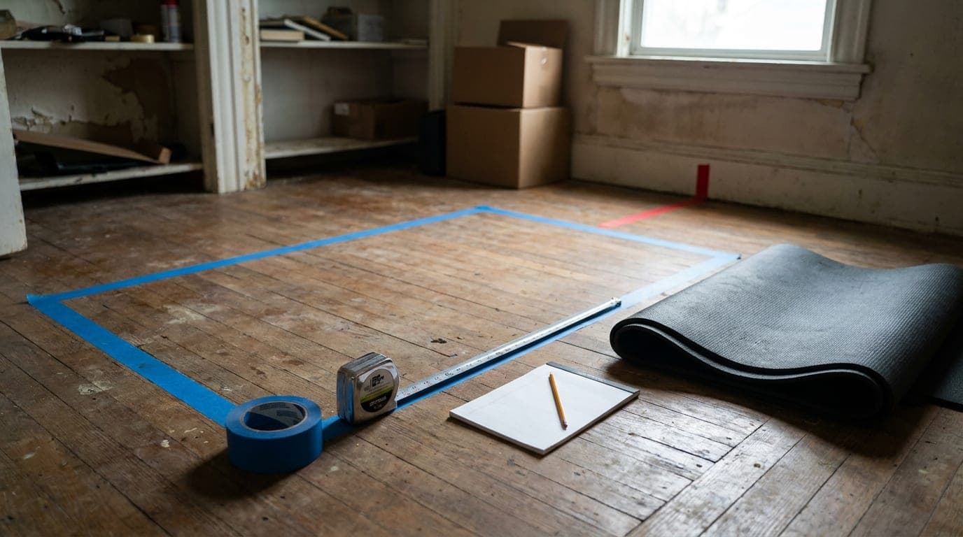 An adult measuring a shared-room training corner beside a mat and compact equipment