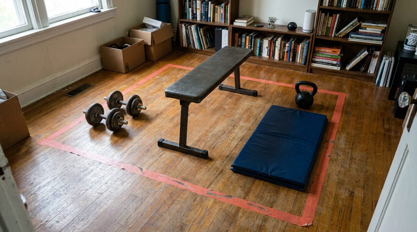 A compact strength station arranged on a marked training floor