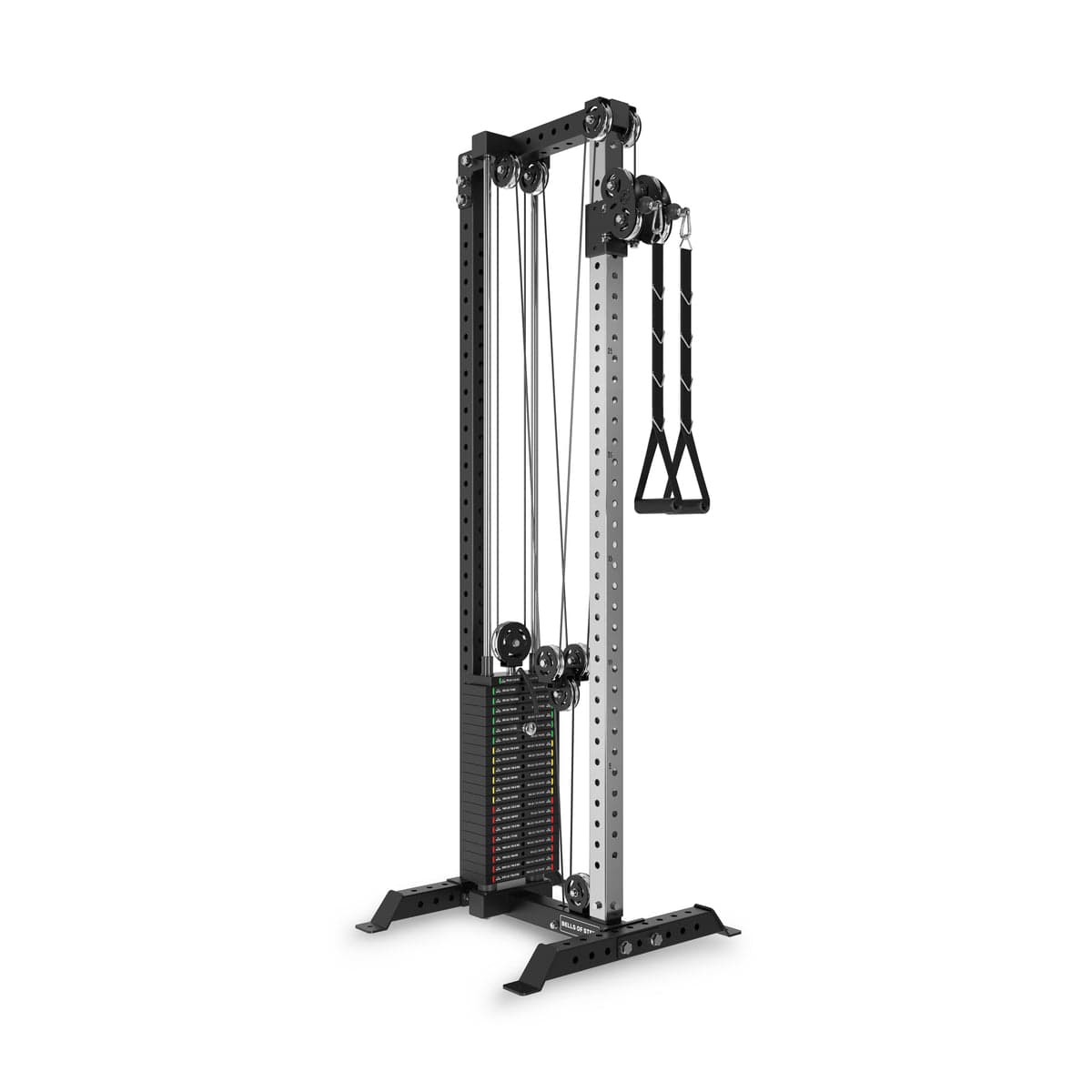 Bells of Steel Cable Tower shown in a three-quarter view with selectorized stack, adjustable pulley, and floor feet