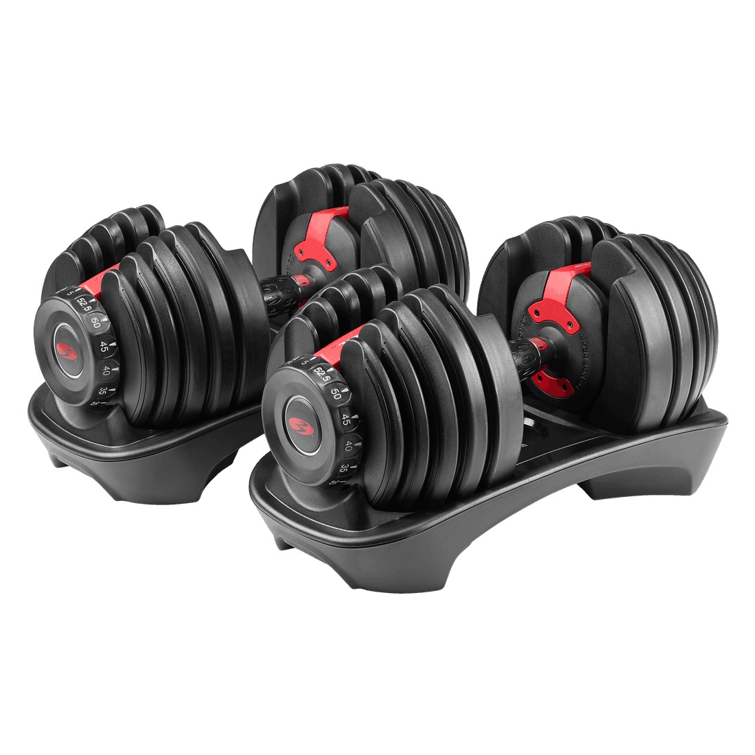 BowFlex SelectTech 552 adjustable dumbbells shown in their storage trays