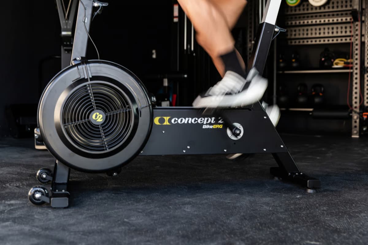 Concept2 BikeErg shown in profile with its air flywheel and PM5 monitor