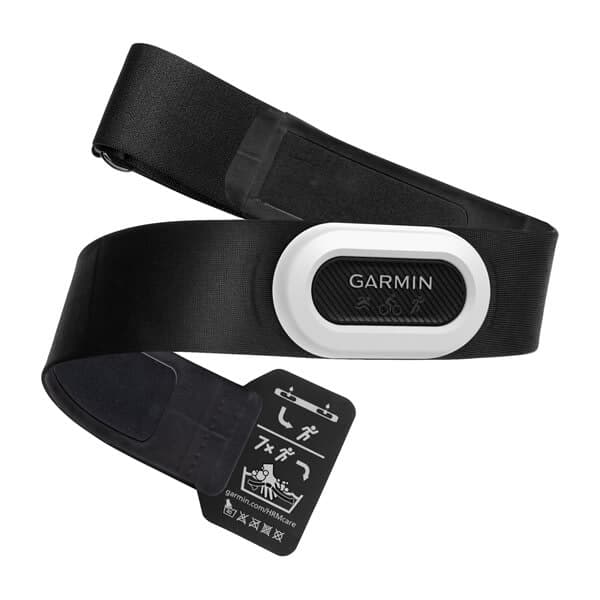 Garmin HRM-Pro Plus chest strap shown with its sensor module and care tag