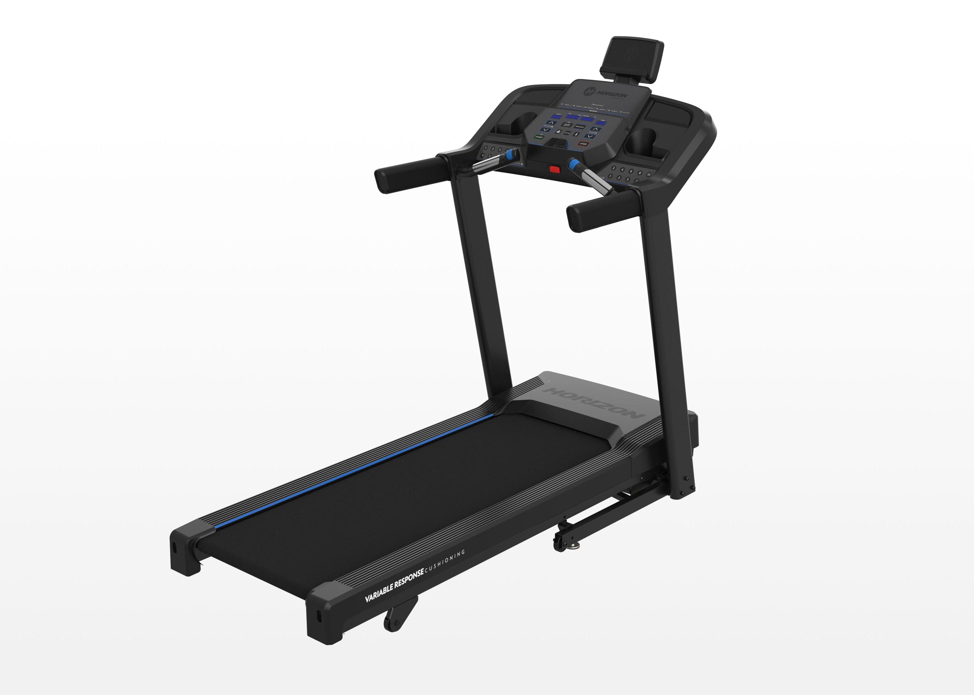 Horizon T101 Connect treadmill shown in a three-quarter product view with its folding deck and console