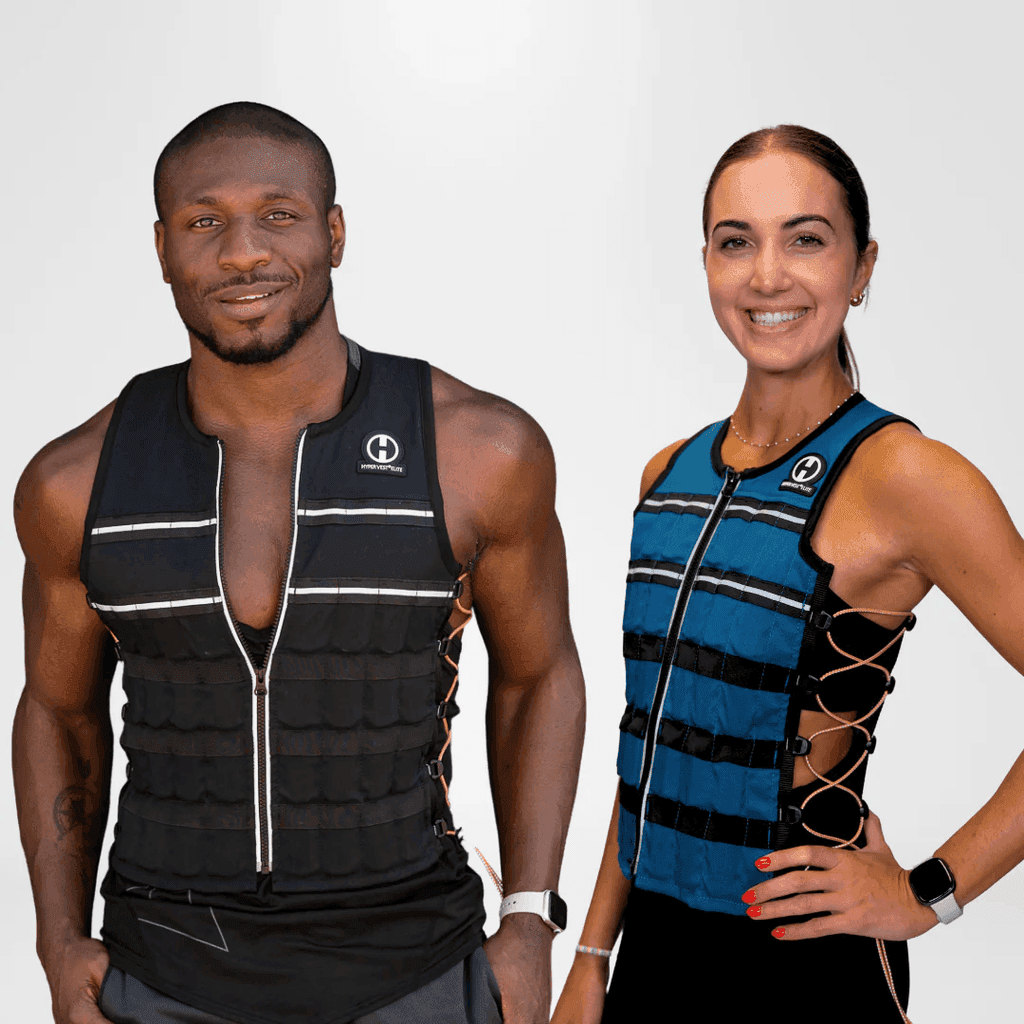 Hyper Vest ELITE weighted vest shown on two athletes with reflective trim and side lacing