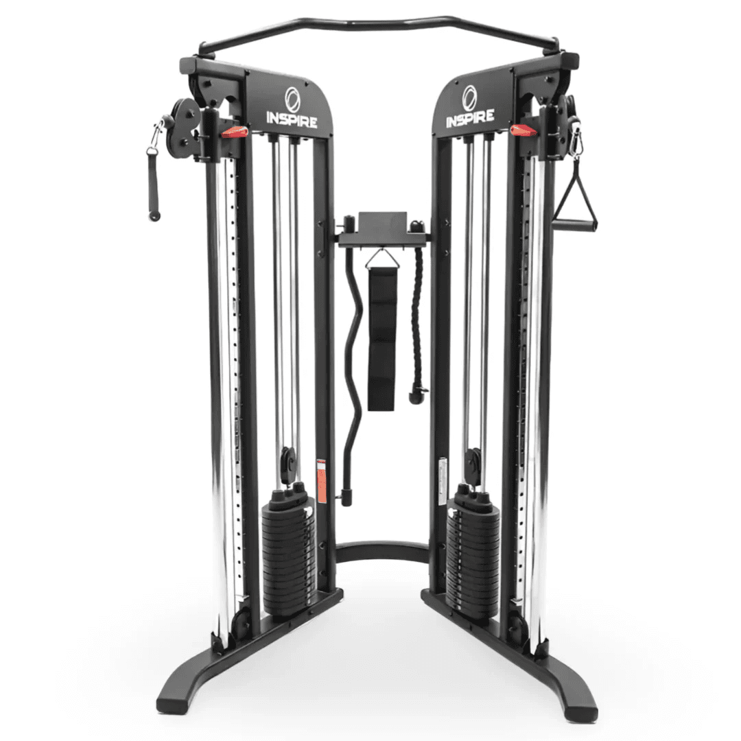 Inspire FTX Functional Trainer shown front-on with dual stacks, swiveling pulleys, pull-up bar, and cable attachments
