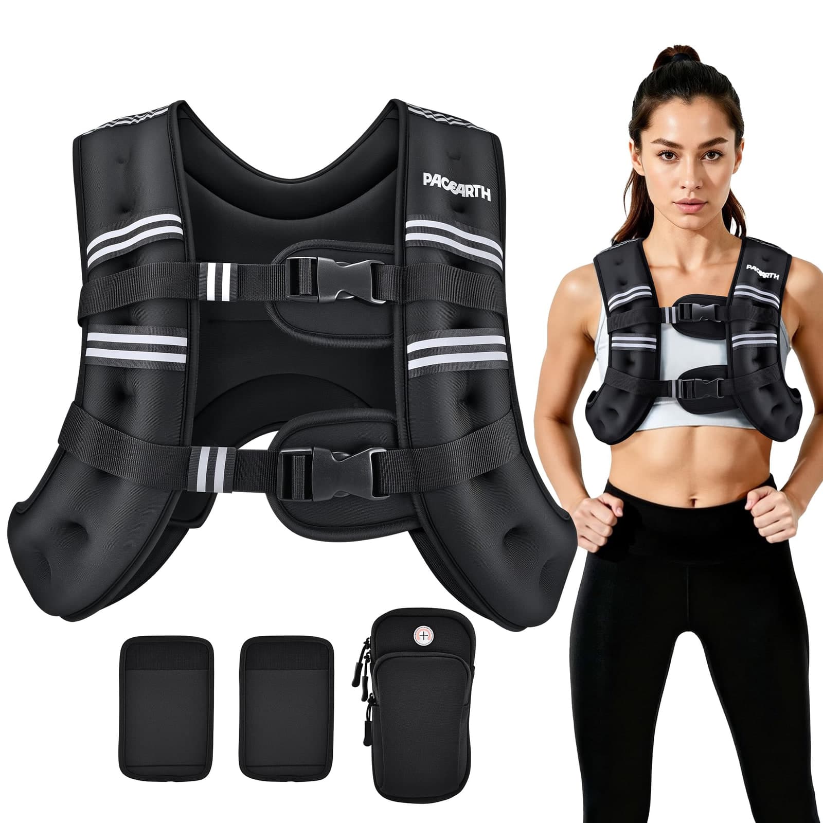 PACEARTH weighted vest shown with its reflective trim, adjustable straps, and removable accessories