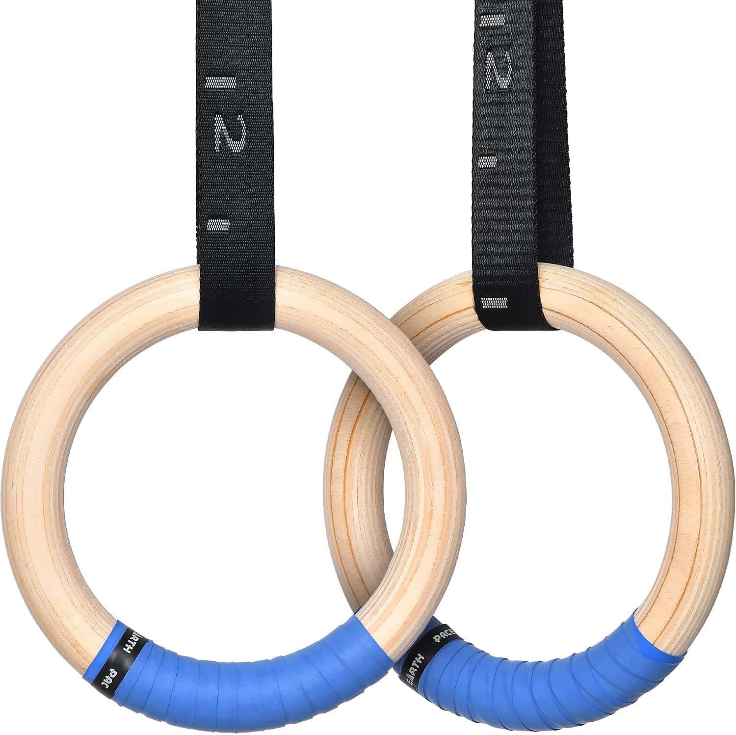 PACEARTH wooden gymnastics rings hanging from numbered black straps with blue grip tape