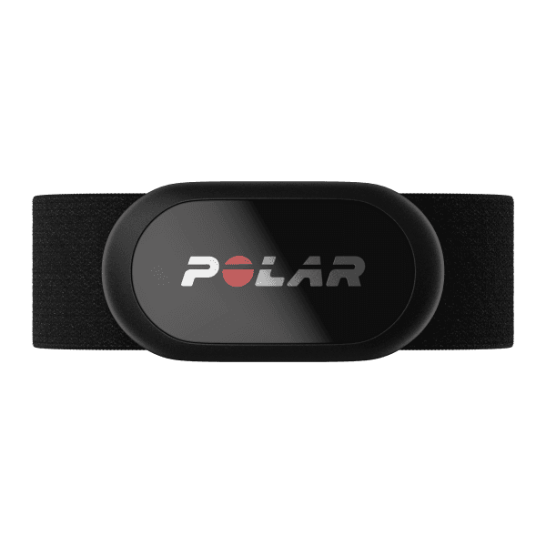 Polar H10 heart-rate sensor mounted on its black chest strap