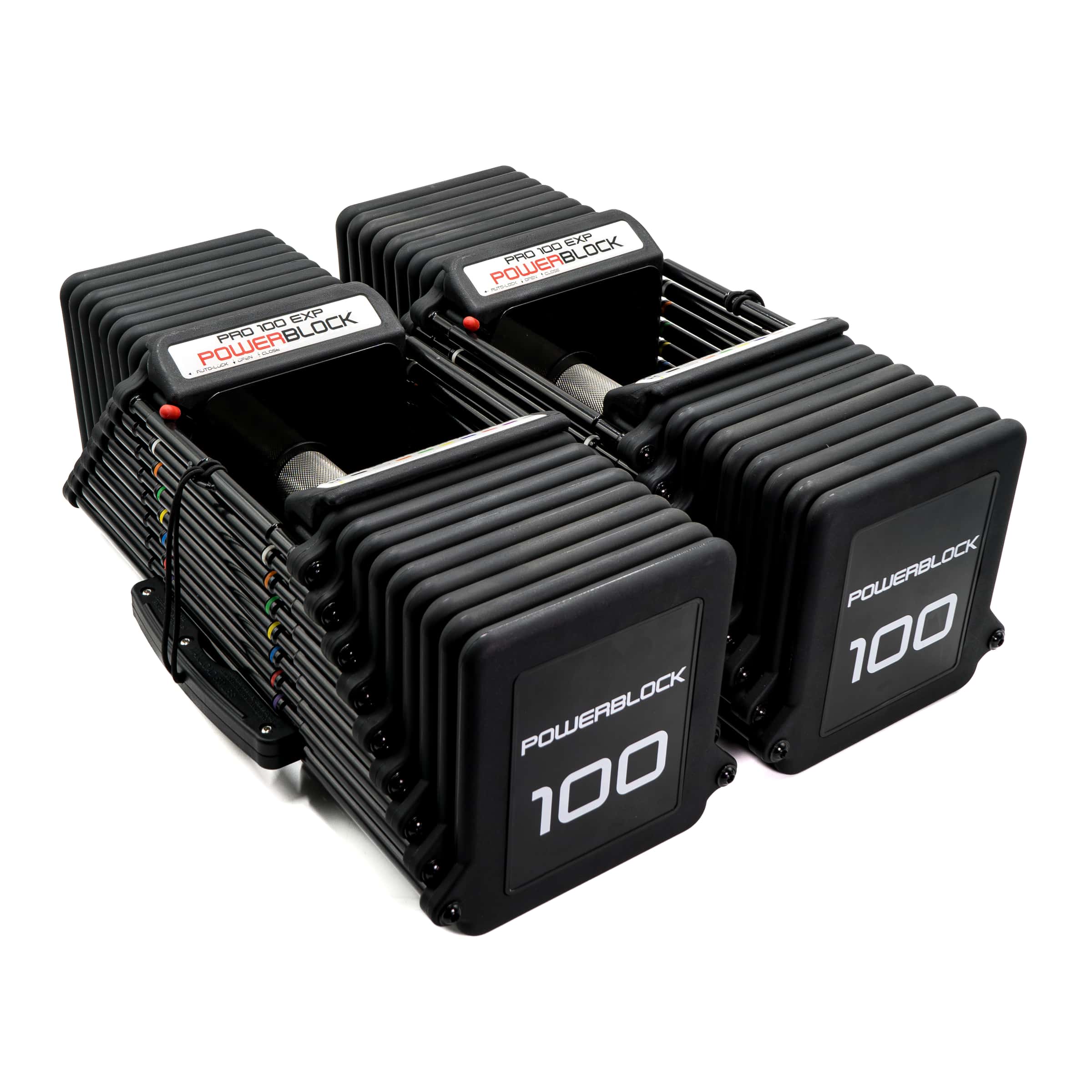 PowerBlock Pro 100 EXP adjustable dumbbells shown in their compact selector housing