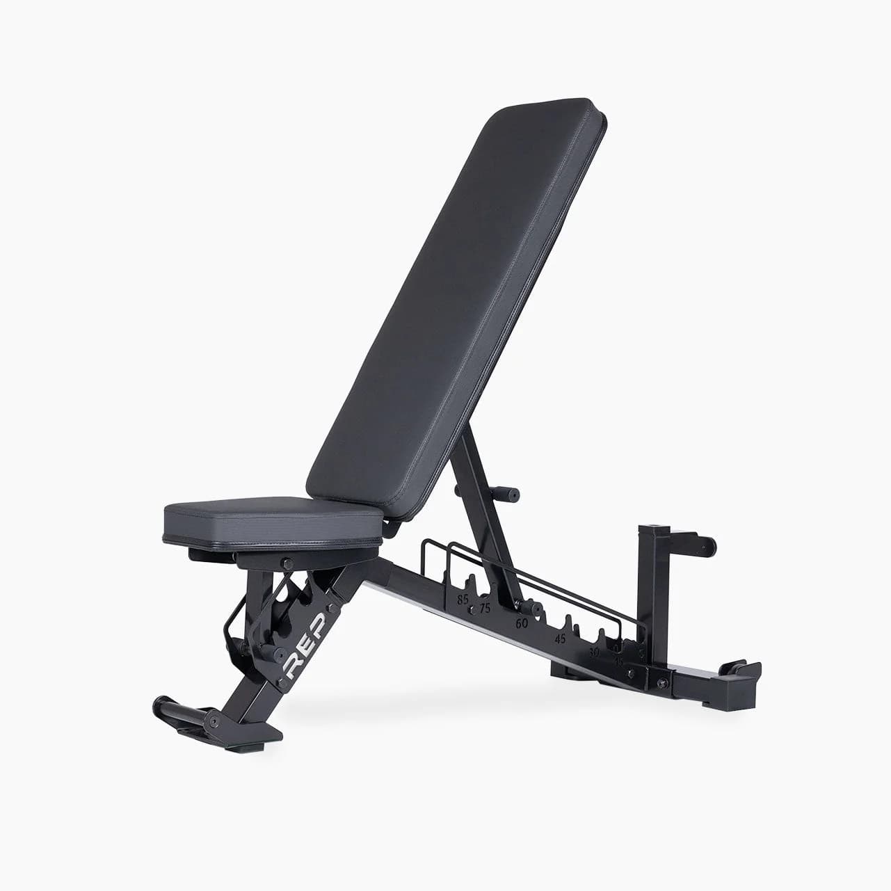 REP AB-4100 adjustable bench in Metallic Black shown in an incline position