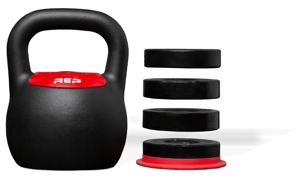 REP Adjustable Kettlebell shown with its removable weight plates beside the bell body