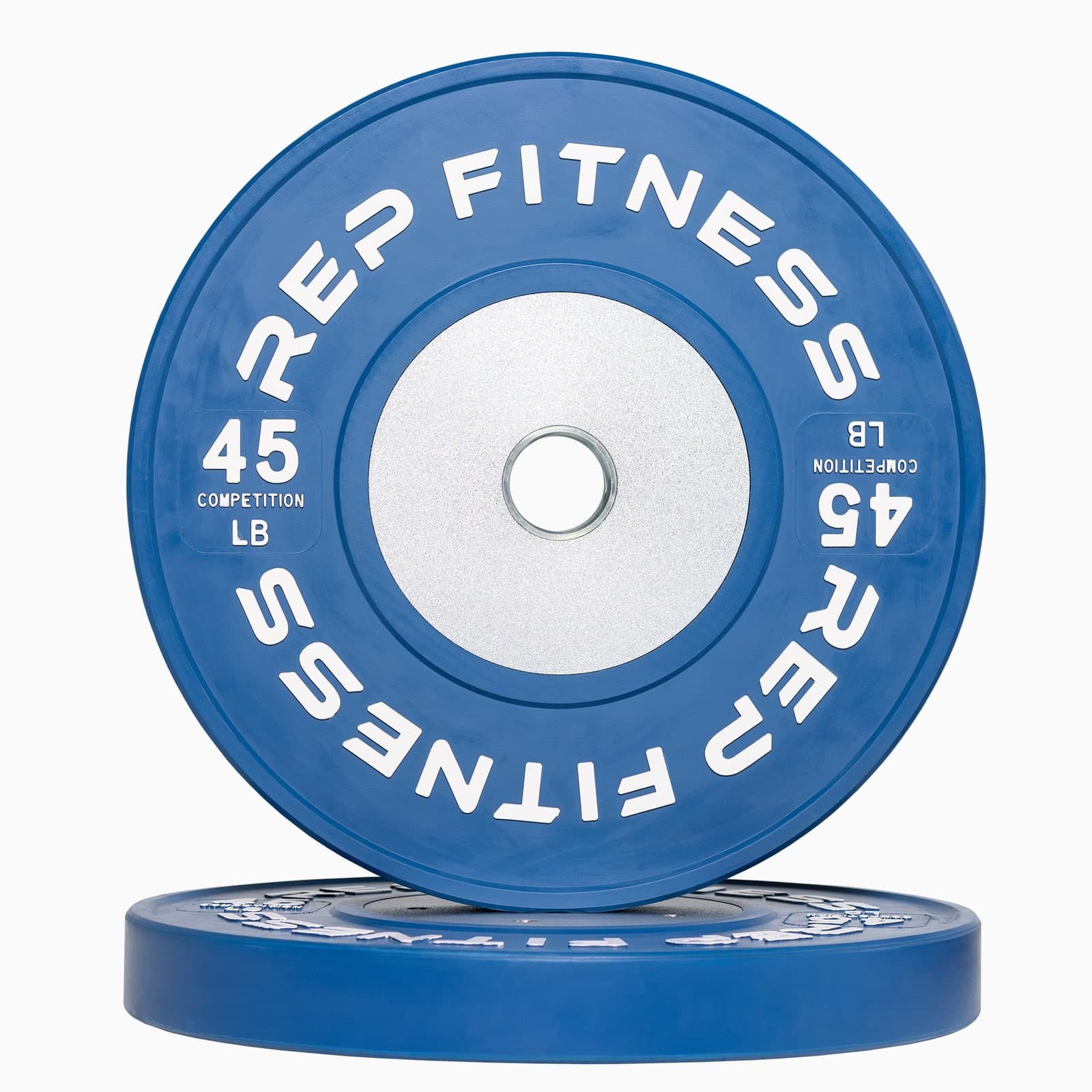 Blue 45 pound REP Competition Bumper Plate shown upright with a second plate flat beneath it