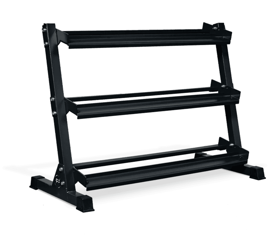 REP Dumbbell Rack shown as a three-tier black steel rack with angled shelves