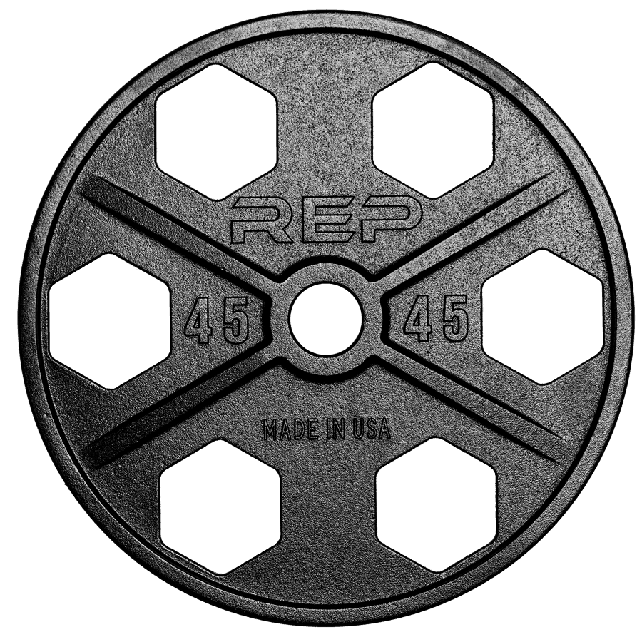 REP Equalizer USA-made iron plate shown face-on with six grip holes, embossed weight markings, and a black finish