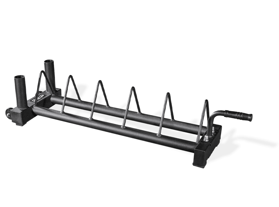 REP Horizontal Plate Rack shown as a low wheeled plate-and-bar storage unit with dividers and a handle