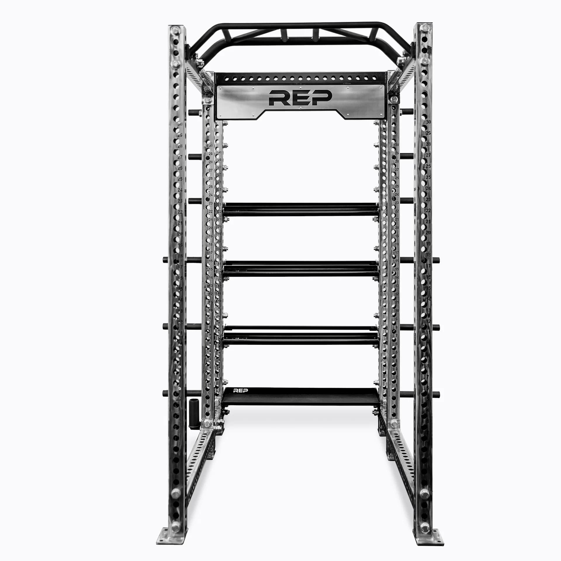 REP In-Rack Storage shelves shown installed inside a REP power rack with multiple storage levels