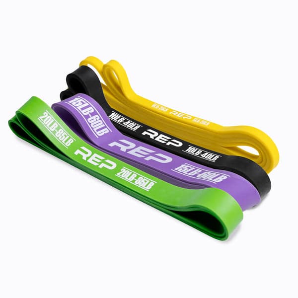 REP Latex-Free Pull-Up Bands shown together in four colors and widths