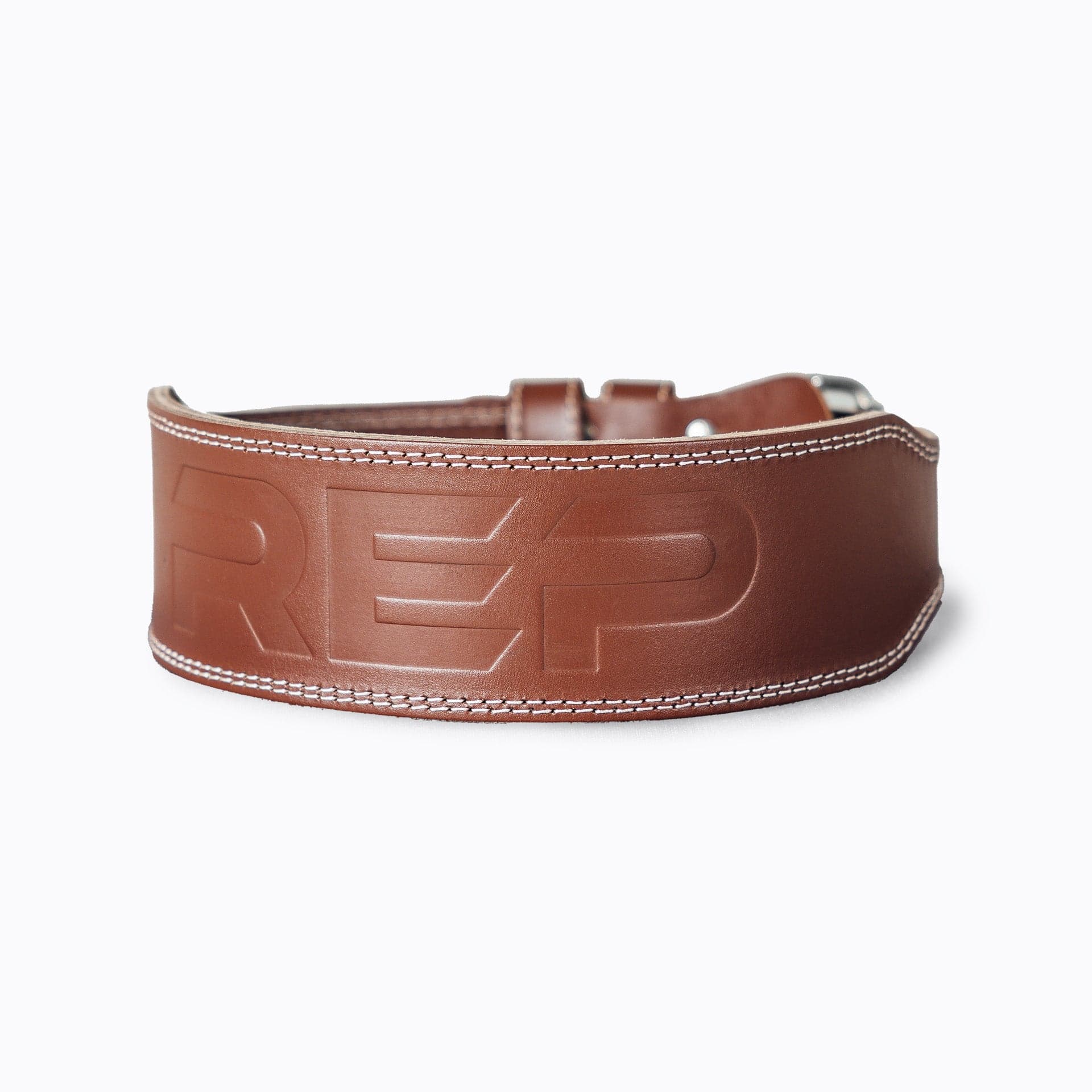 REP Leather Olympic Lifting Belt shown in brown with its tapered profile and buckle
