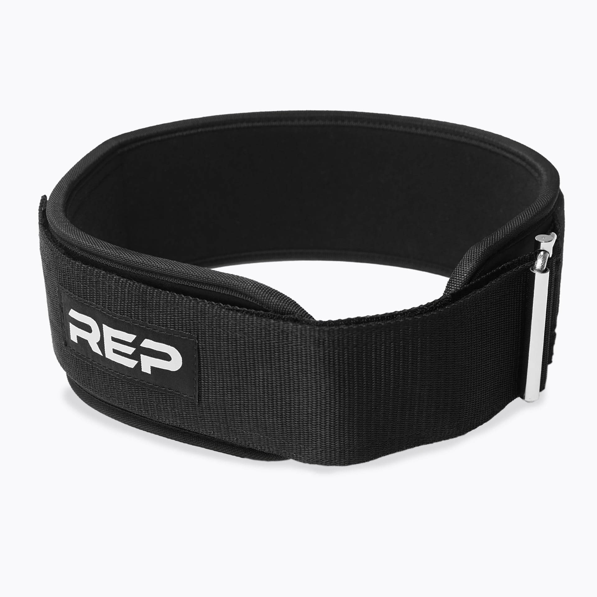 REP Nylon Lifting Belt shown flat with its hook-and-loop closure and steel locking mechanism
