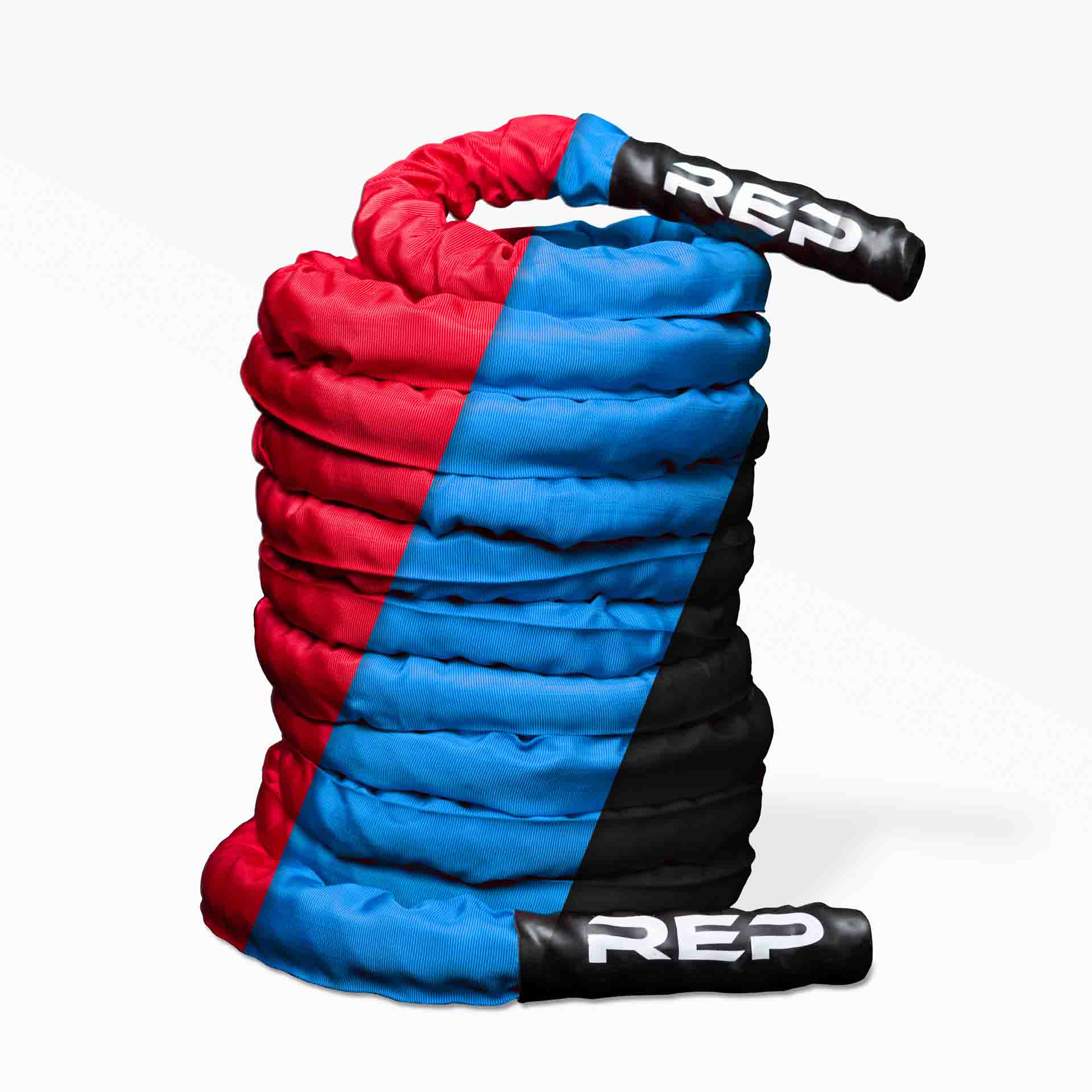 REP Sleeve Battle Rope shown coiled in its red, blue, and black protective sleeve