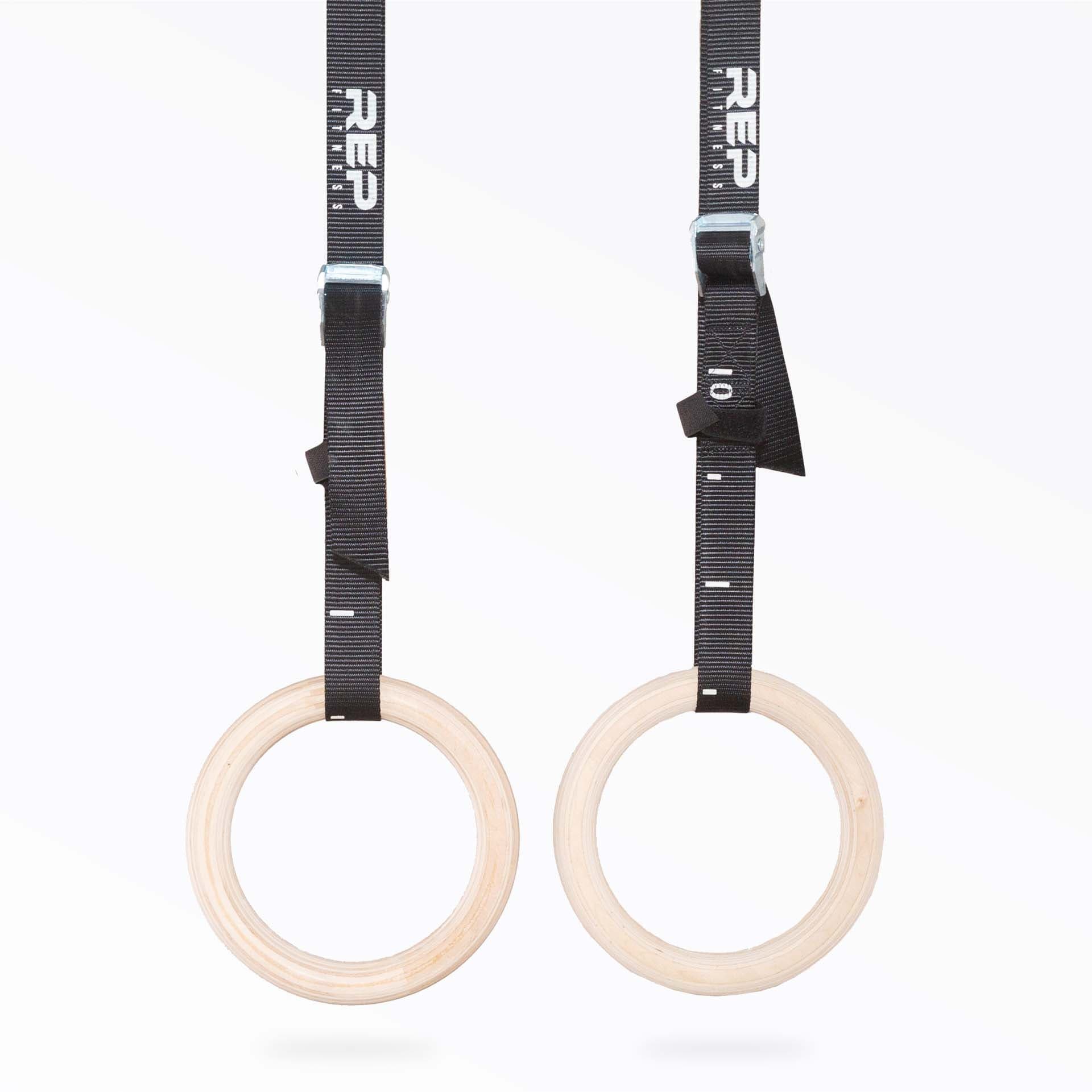 REP Wood Gymnastic Rings shown with wooden rings and numbered black straps