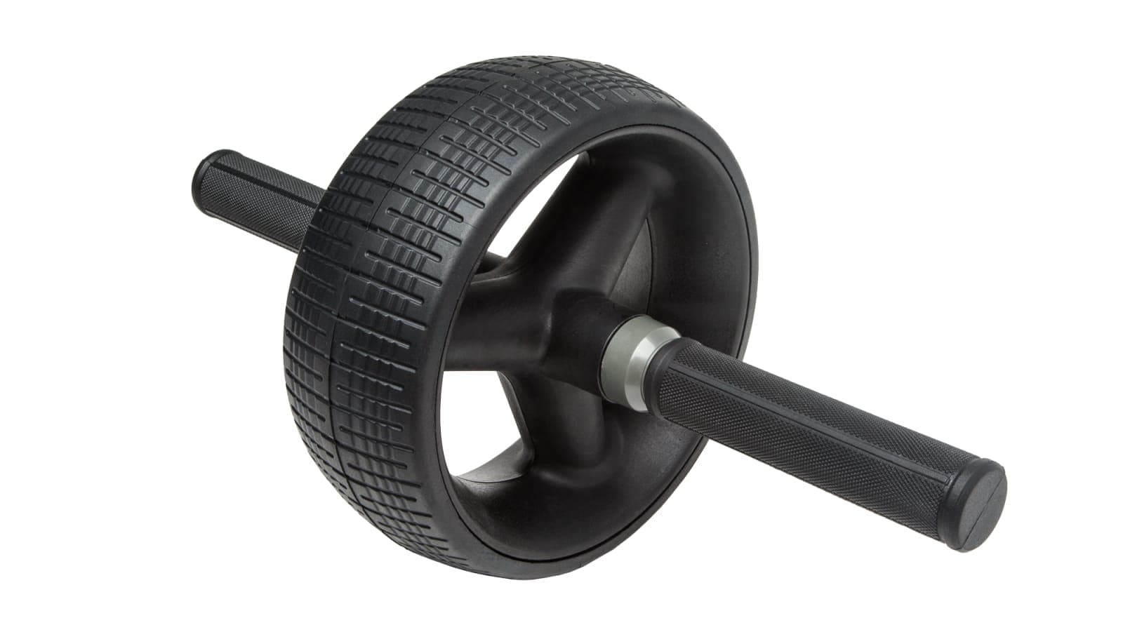 Ab wheel sold by Rogue Fitness shown in black with one rubber-tread wheel and rubber handles
