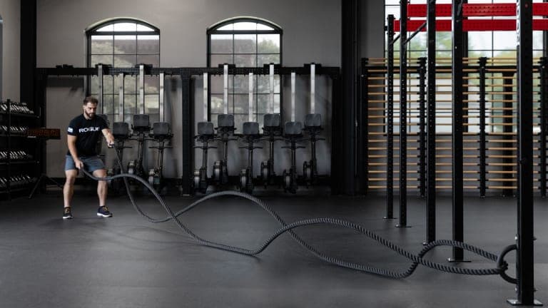 Rogue Battle Rope shown coiled with black handles on a neutral background