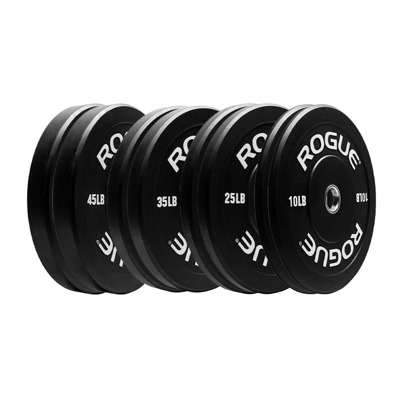 Rogue Echo bumper plates shown in a row with black rubber faces, white weight markings, and stainless steel inserts