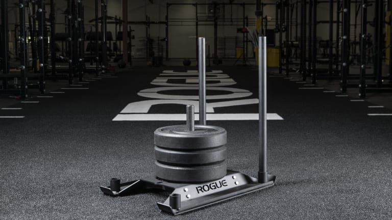 Rogue Echo Dog Sled shown as a black steel push-pull sled with upright handles