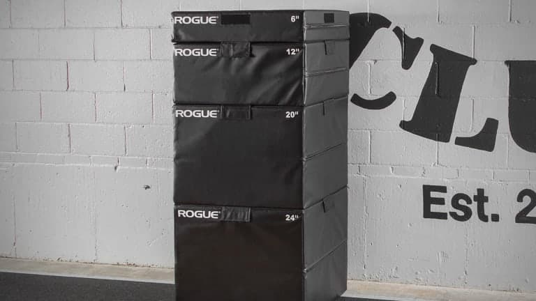 Rogue Foam Plyo Boxes stacked from 6 to 24 inches in a conditioning room