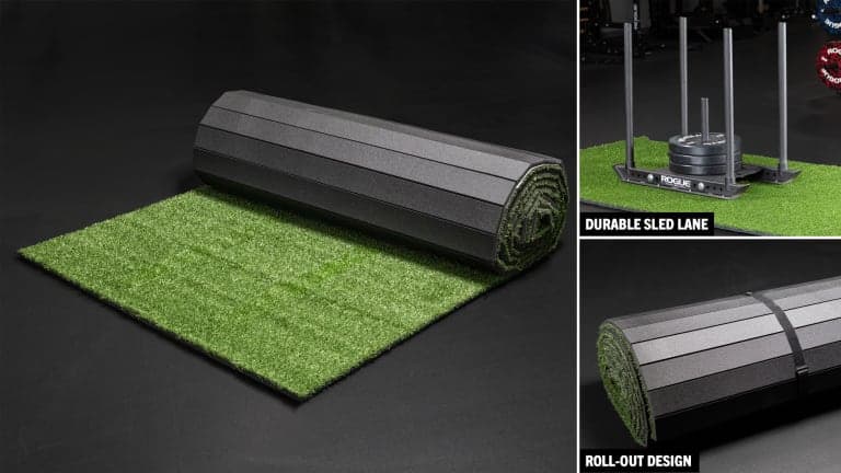 Dollamur GymTurf shown rolled beside a green turf lane with a sled on the surface