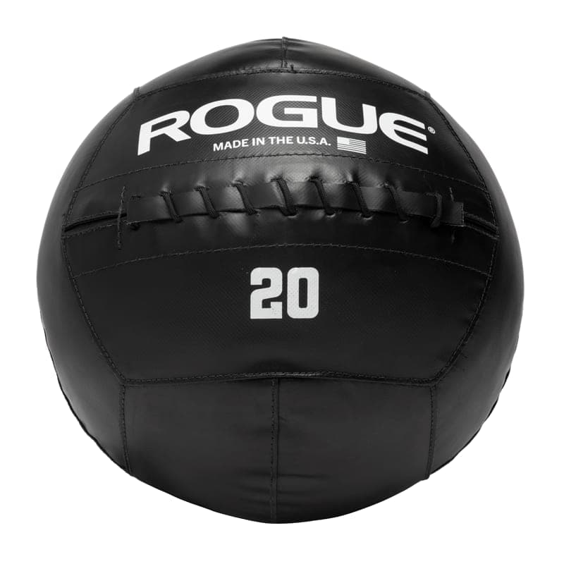 Rogue Medicine Ball shown in black with white Rogue and 20-pound markings