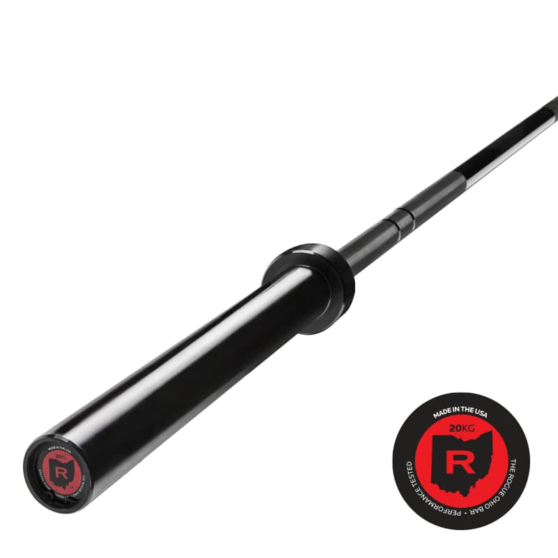 Rogue Ohio Bar in black oxide shown horizontally with knurled shaft, sleeves, and endcap visible