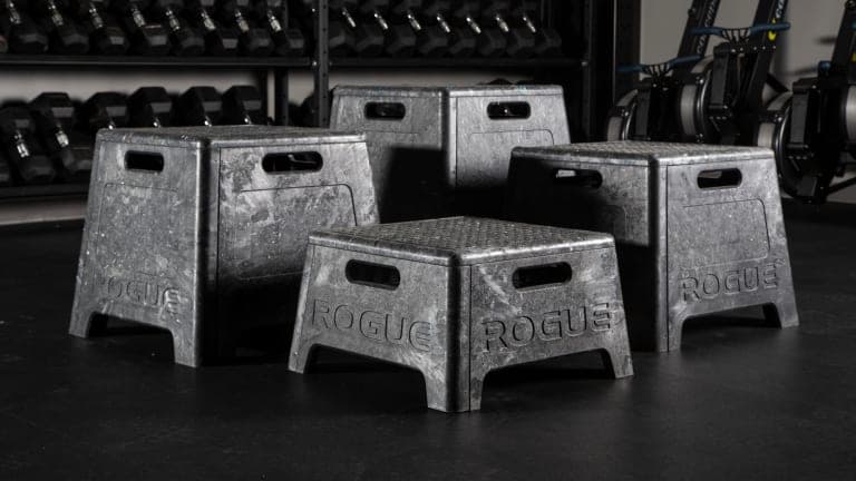 Rogue Resin Plyo Boxes shown in several heights with textured tops and side handles