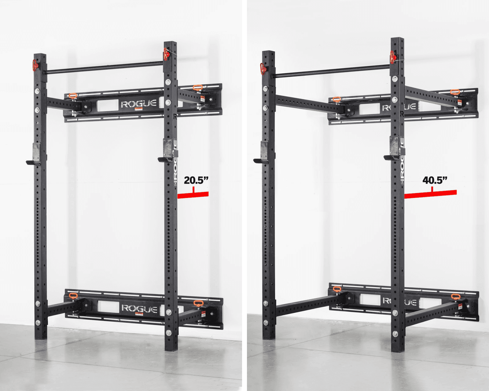 Rogue RML-3W fold-back wall mount rack shown extended from a wall with uprights, J-cups, and pull-up bar