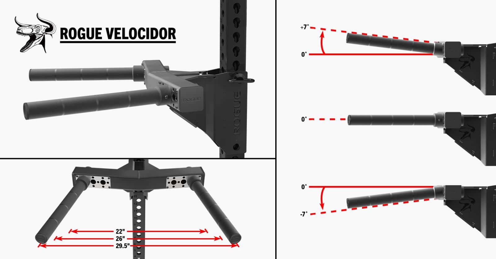 Rogue Velocidor shown as an adjustable dip attachment on a rack