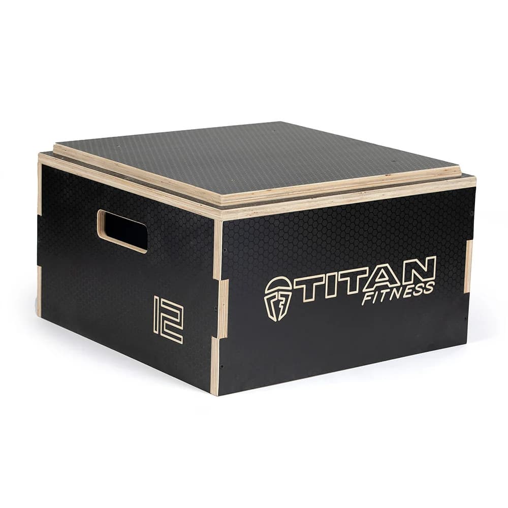 Titan 12-inch Stackable Wooden Plyo Box shown with its textured top, handle slot, and black side panels