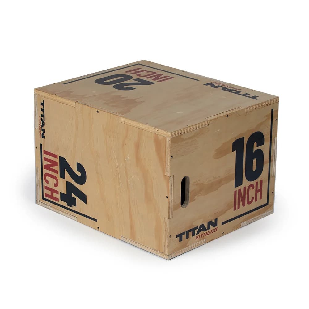 Titan 3-in-1 Wooden Plyo Box shown on its medium orientation with three labeled heights