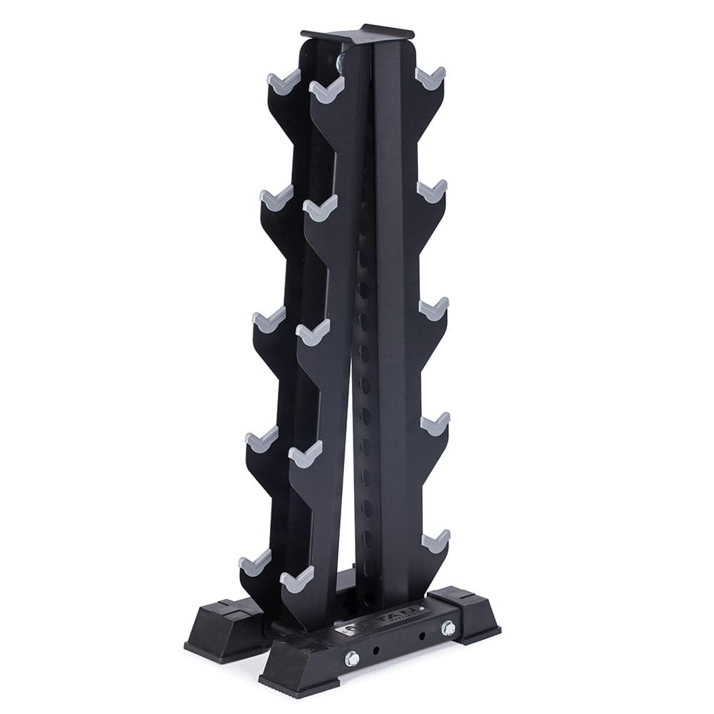 Titan Dumbbell Storage Rack shown as a compact vertical steel tower with protective cradle edges