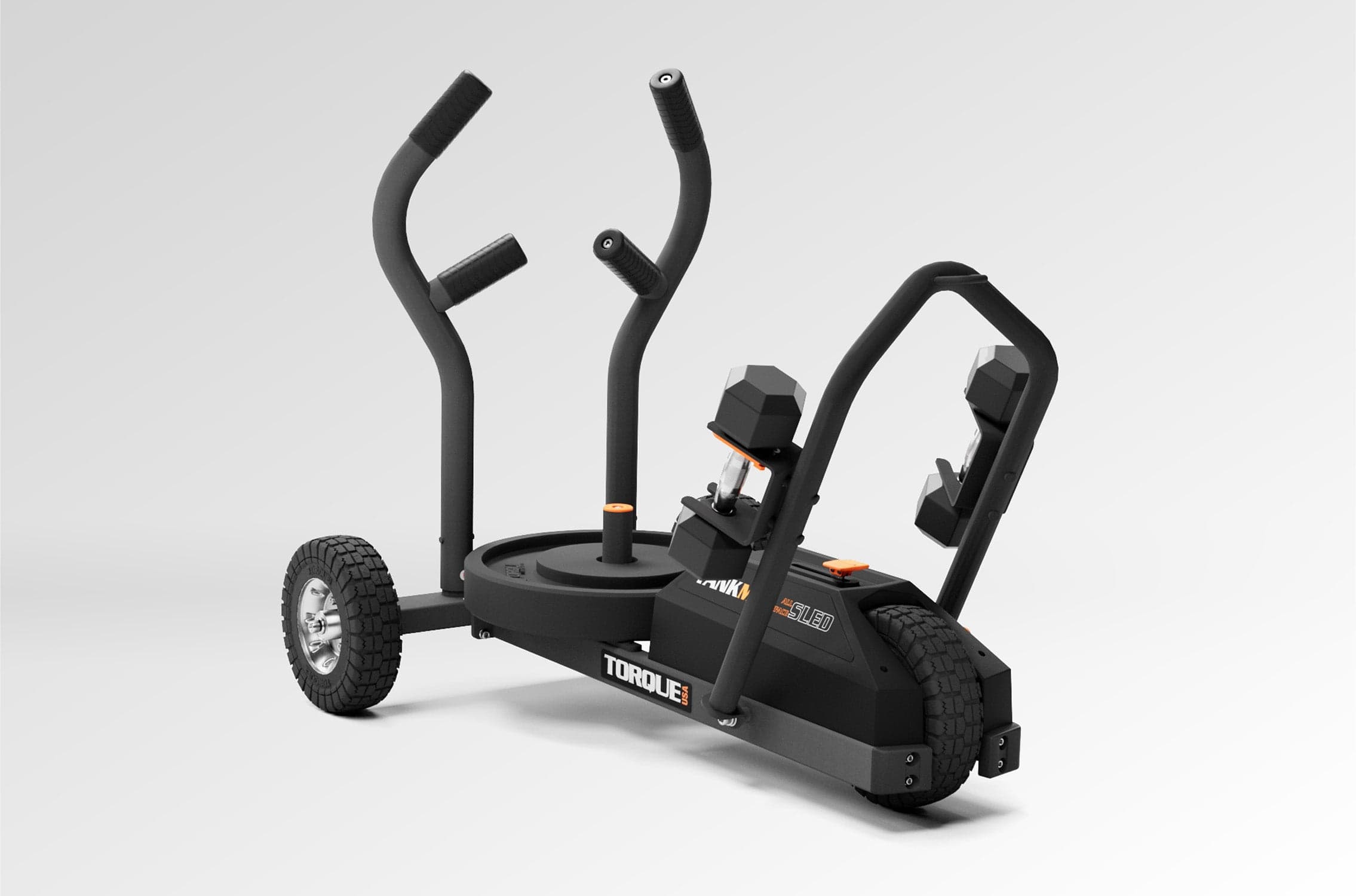 Torque TANK M1 Push Sled shown as a black wheeled resistance sled on a neutral background