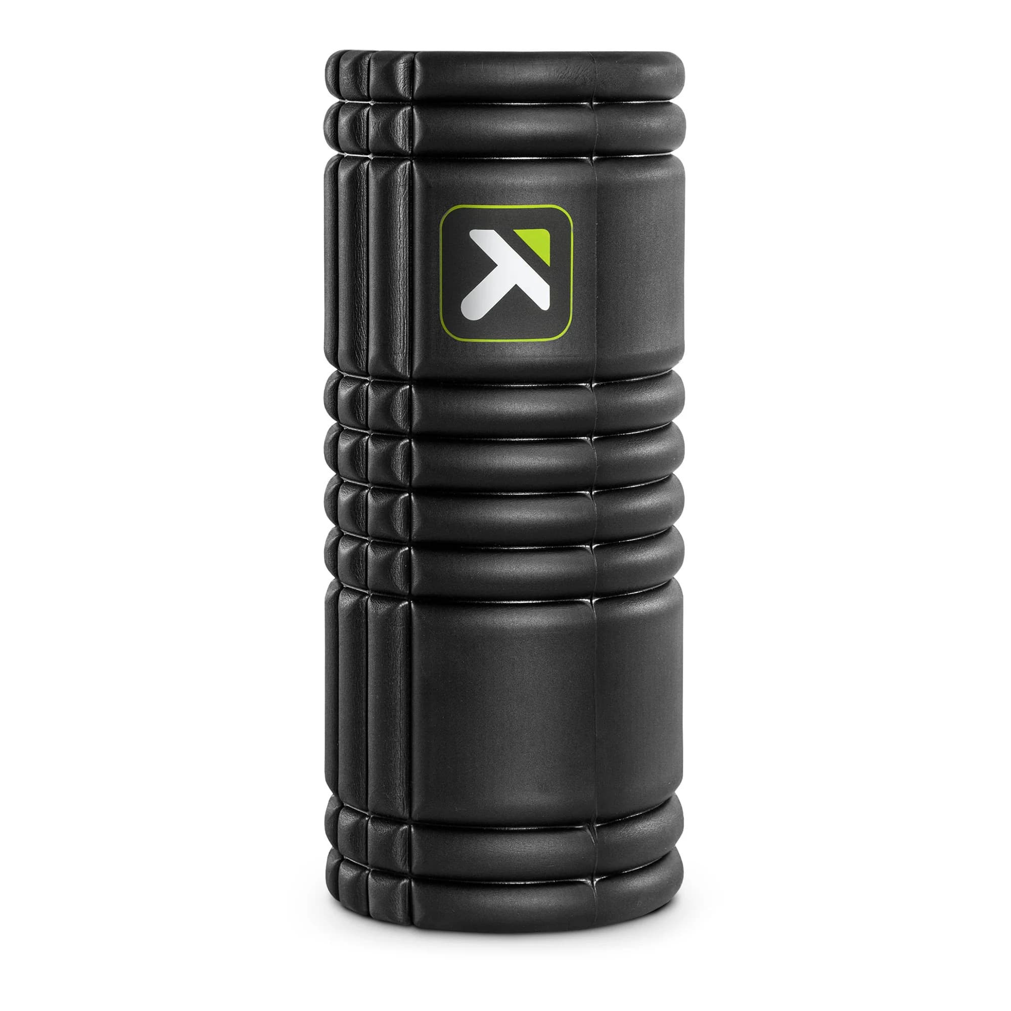 Black TriggerPoint GRID 1.0 foam roller shown upright with its textured zones