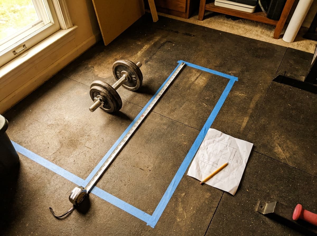 A home training area being measured and marked before equipment is chosen