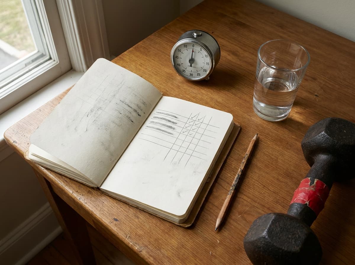 A paper training notebook, pencil, timer, water, and dumbbell arranged on a wooden desk