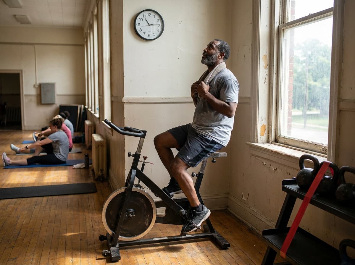 An adult finishing a controlled interval on a stationary bike