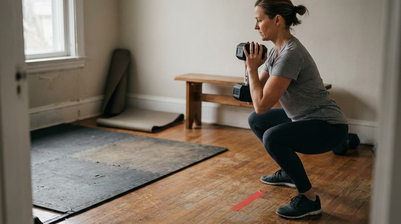 A woman training a controlled goblet squat in a bright multipurpose room