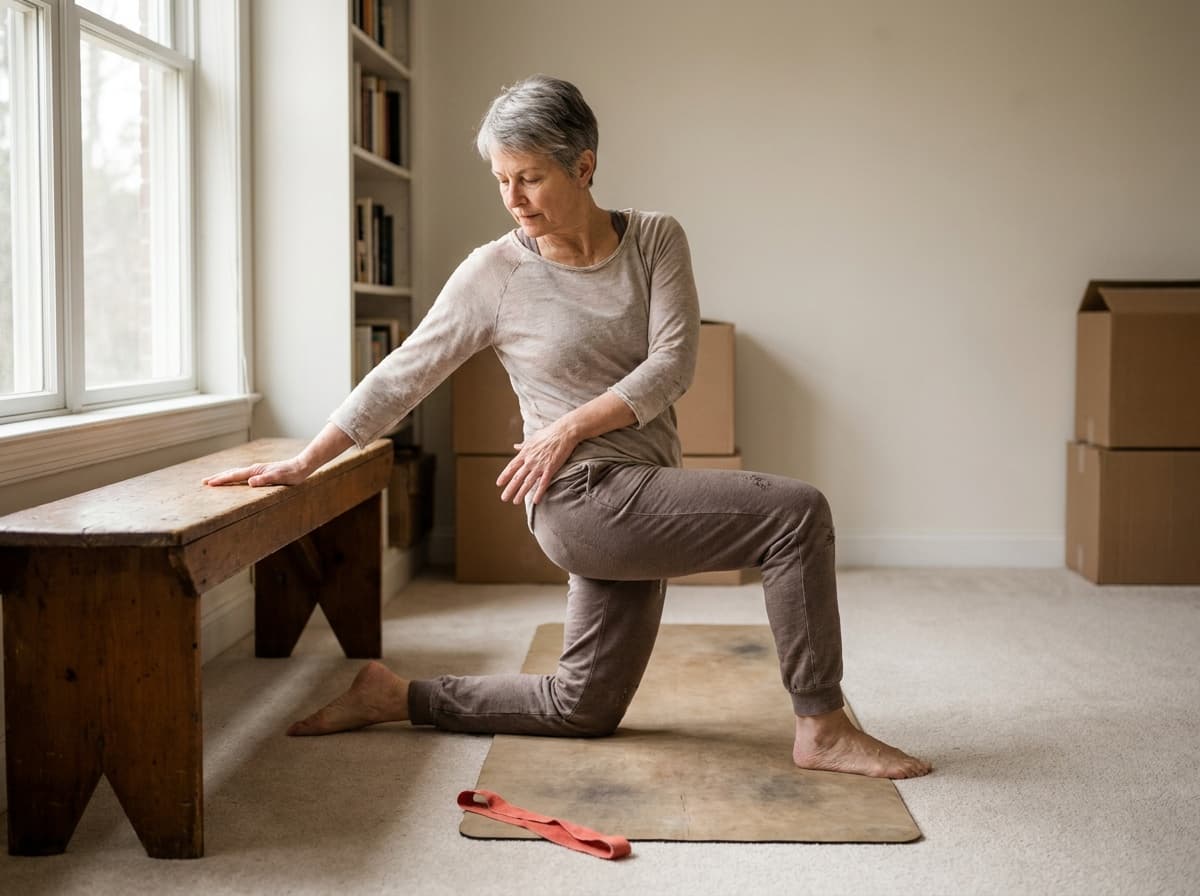 An older adult practicing a controlled upper-back rotation at home