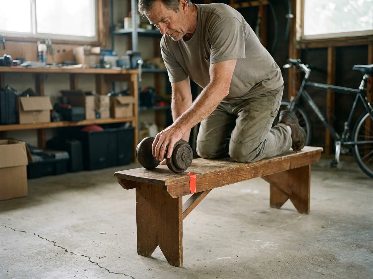 An adult preparing a dumbbell row beside a bench in a multipurpose room