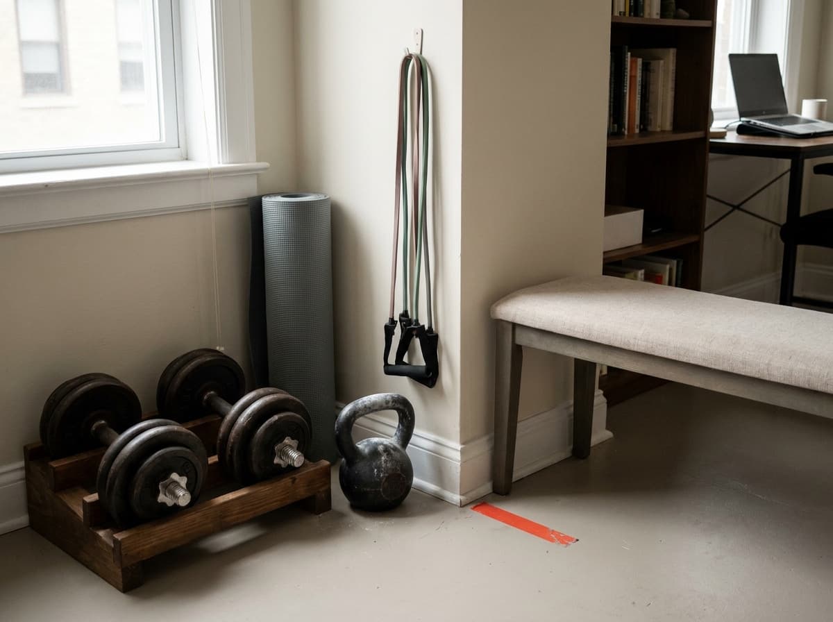 A compact apartment training corner with dumbbells, kettlebell, mat, and bands